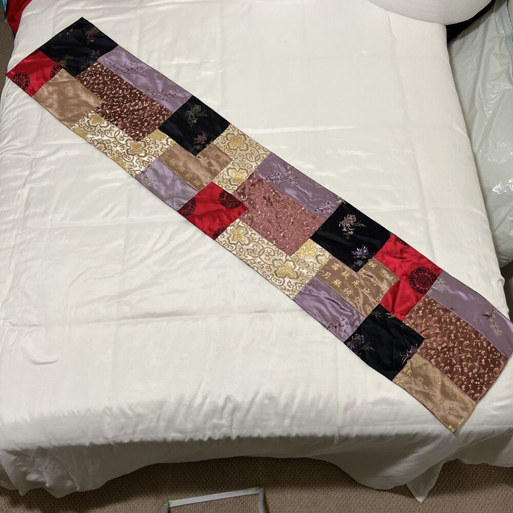Silk Handmade Vintage Patchwork Table Runner Asian Bohemian 71”x 13.75”